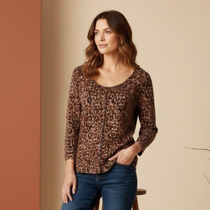 Classiques Entier Brown Animal Print Silk Cashmere Blend Cardigan Sweater Sz L